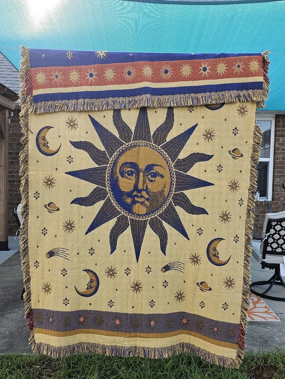 Vintage Sun & Stars Woven Tapestry Throw Blanket 90s Reversible